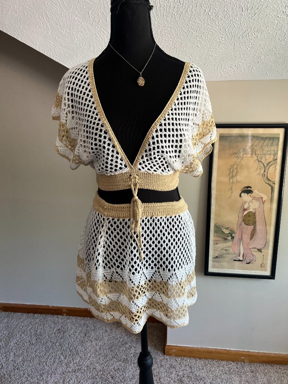 Crochet Skirt and Crop Top 2 Piece Cover Up Set Beach Small White Resort V-Neck